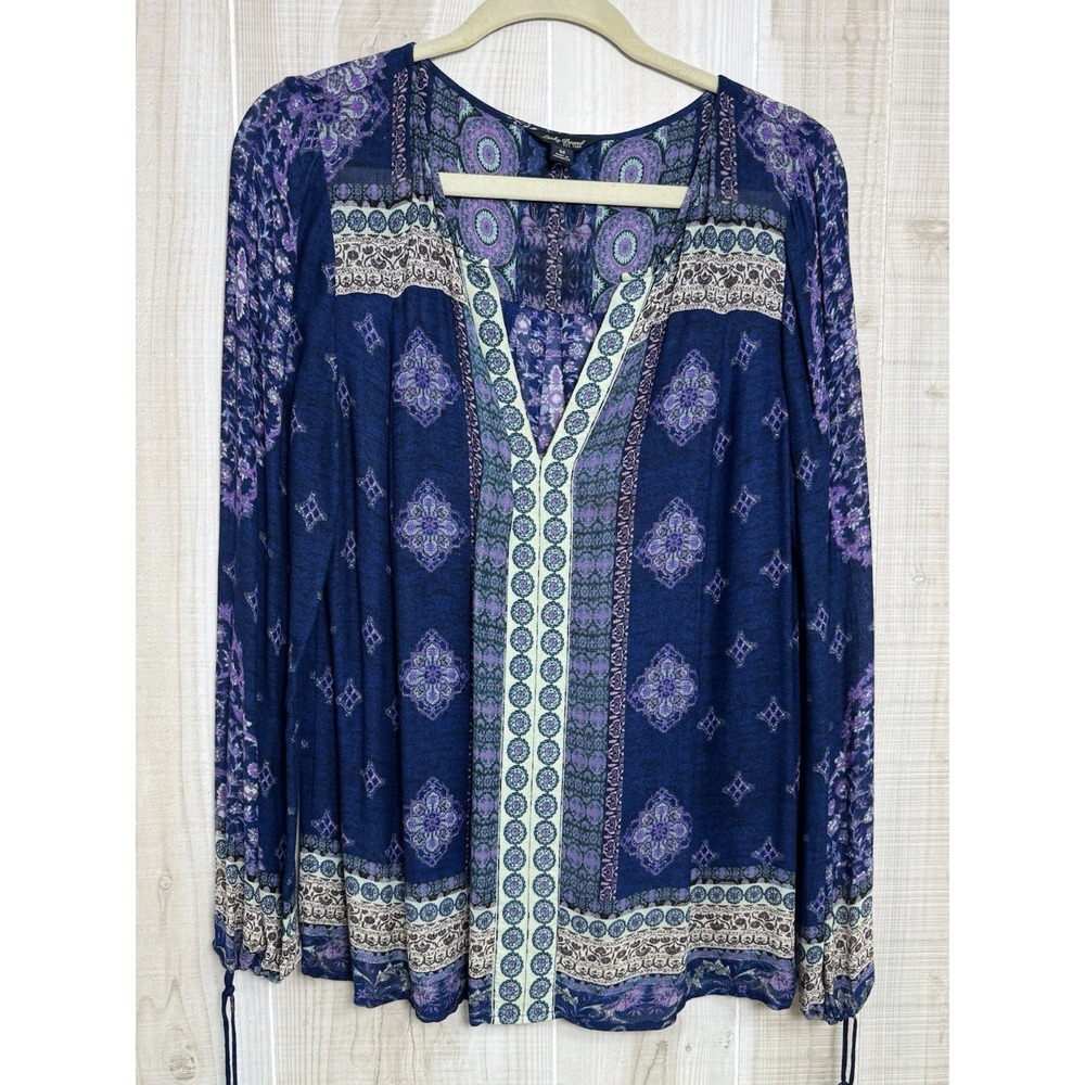 Lucky Brand Bohemian Blue Purple  Medallion Mixed Print Peasant V Neck Blouse M